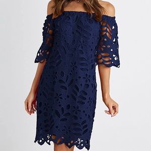 Off Shoulder Vintage Navy Mini Dress